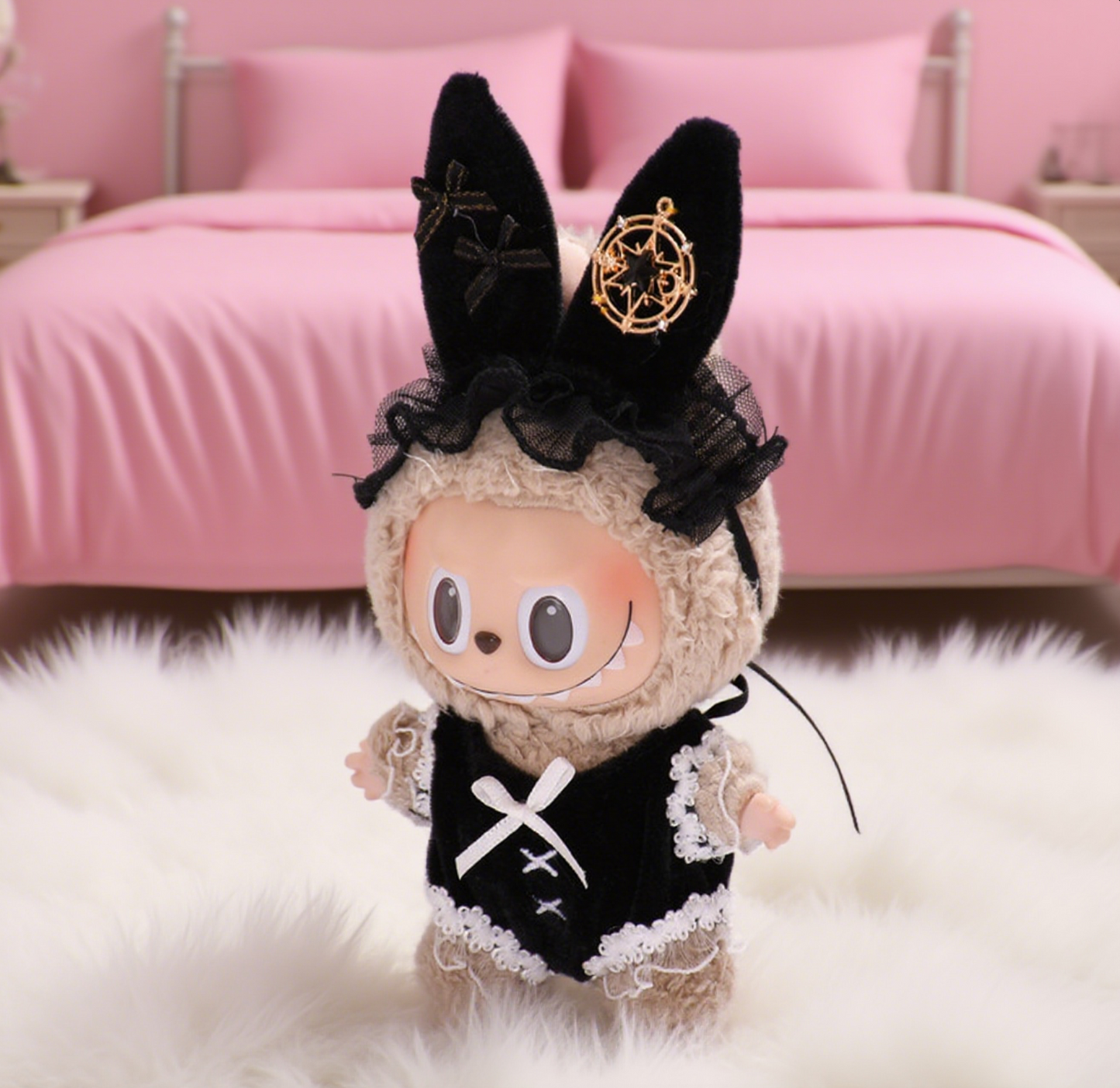 Limited Labubu Oufit Gothic Lolita Bunny β Black Lace Dress with Bow & Star Charm Hat | Handmade Doll Clothes for Gen 1/2/3 - 6.7''/17cm