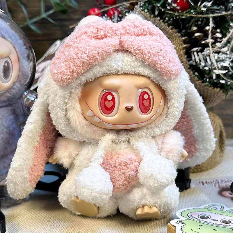 Labubu Doll Outfit | Bunny Love Soft Plush Set β White & Pink Ears Hat + Heart Shorts β Fits Labubu Gen 1/2/3
