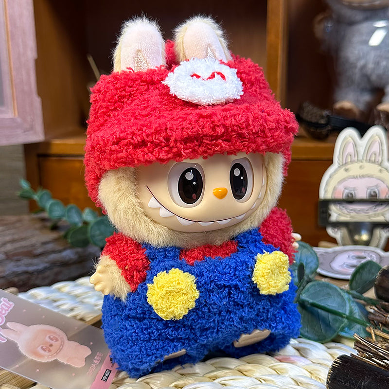 Labubu Doll Outfit | Plush Mario-Inspired Set – Red Tee, Blue Overalls & Cap (3-Piece Outfit) - Fits Labubu Gen 1/2/3