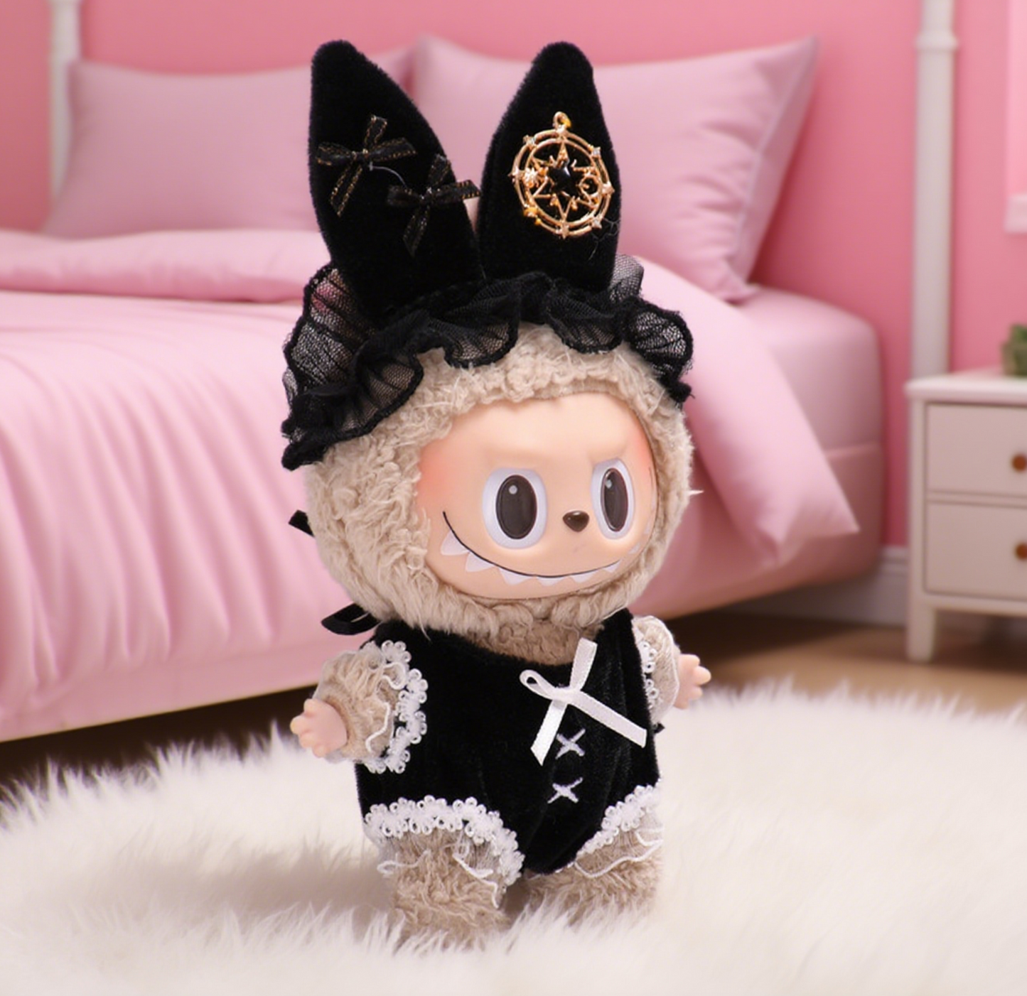Limited Labubu Oufit Gothic Lolita Bunny β Black Lace Dress with Bow & Star Charm Hat | Handmade Doll Clothes for Gen 1/2/3 - 6.7''/17cm