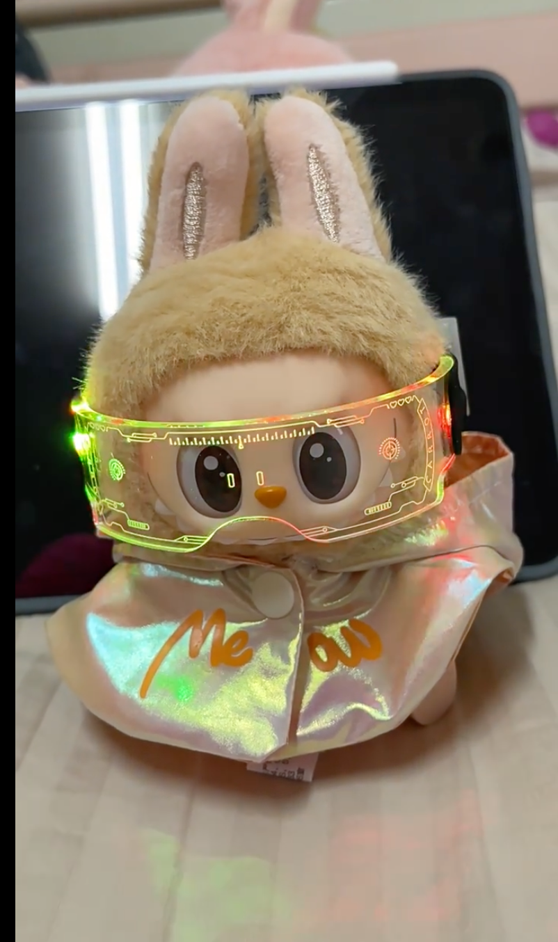 Labubu Doll Glasses - Cyberpunk Techno Cool Futuristic Mini Accessory with Glow Effect - Fits Gen 1/2/3 - 17cm/6.7''