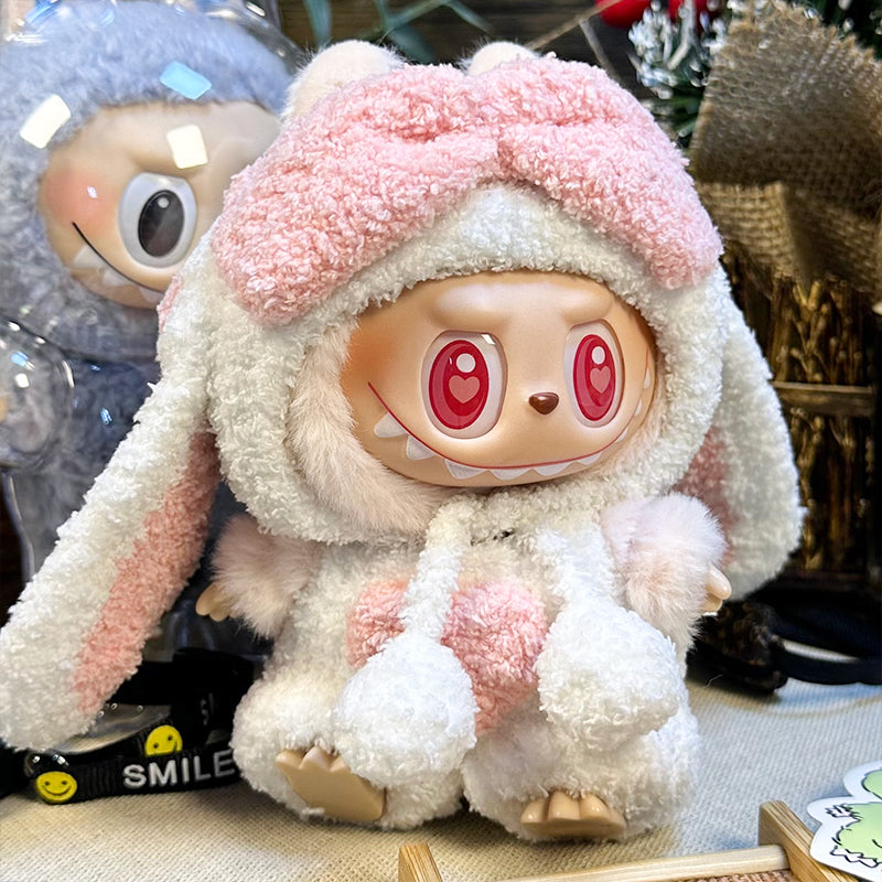 Labubu Doll Outfit | Bunny Love Soft Plush Set β White & Pink Ears Hat + Heart Shorts β Fits Labubu Gen 1/2/3