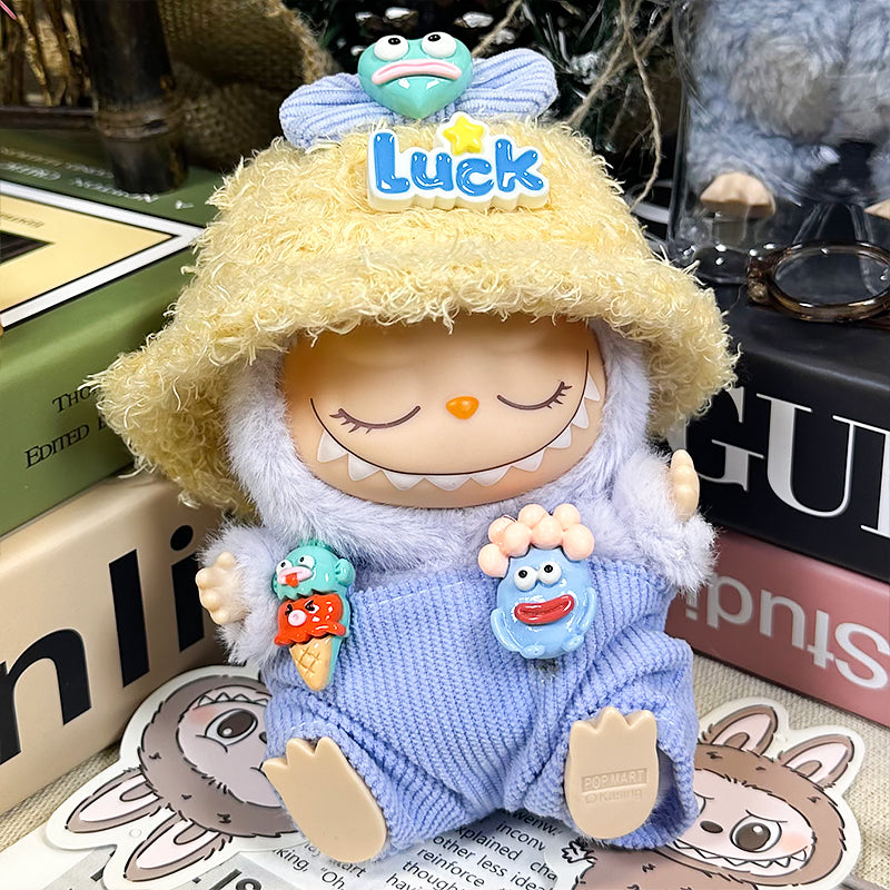Labubu Doll Clothes | Lucky Monster|Three-Piece Set – Monster Bow, Corduroy Overalls & Fuzzy Luck Hat – Cute Doll Clothes – Fits Labubu Gen 1/2/3