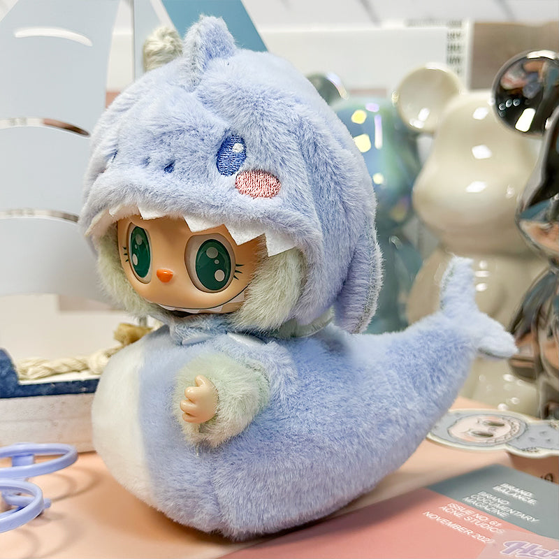 Labubu Doll Outfit 6.7'' | Cute Blue Shark Hat & Bodysuit Set β Cozy Soft Fluffy Plush Clothes β Fits Labubu Gen 1/2/3