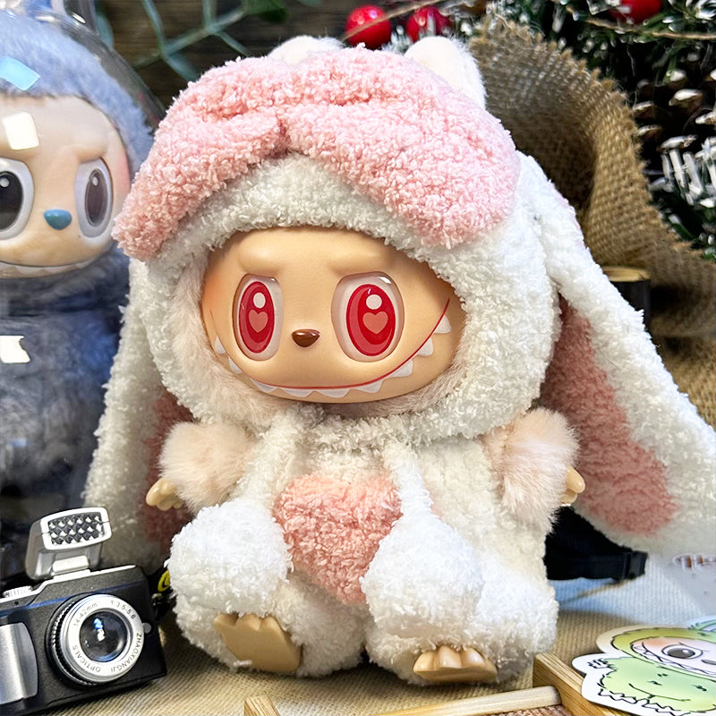 Labubu Doll Outfit | Bunny Love Soft Plush Set β White & Pink Ears Hat + Heart Shorts β Fits Labubu Gen 1/2/3