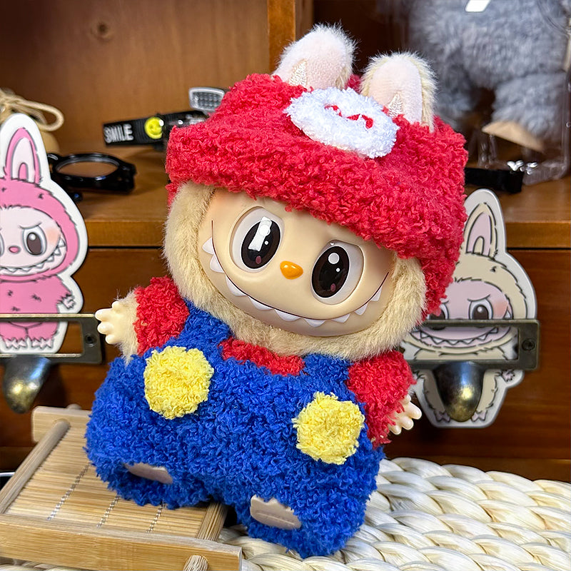Labubu Doll Outfit | Plush Mario-Inspired Set – Red Tee, Blue Overalls & Cap (3-Piece Outfit) - Fits Labubu Gen 1/2/3