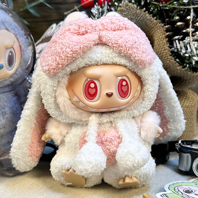 Labubu Doll Outfit | Bunny Love Soft Plush Set β White & Pink Ears Hat + Heart Shorts β Fits Labubu Gen 1/2/3