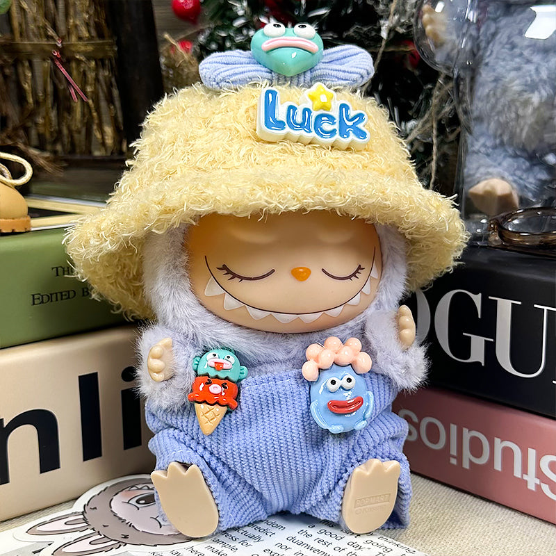 Labubu Doll Clothes | Lucky Monster|Three-Piece Set – Monster Bow, Corduroy Overalls & Fuzzy Luck Hat – Cute Doll Clothes – Fits Labubu Gen 1/2/3