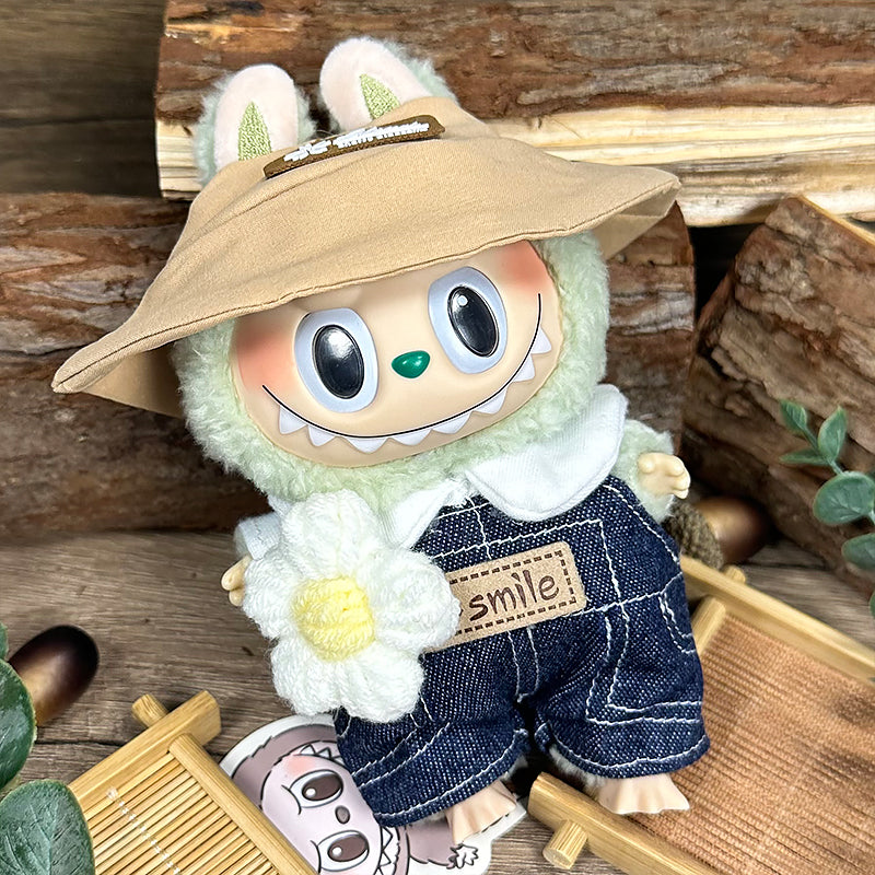 Labubu Doll Clothes | Fresh Daisy Vibes | Four-Piece Outfit β White Tee, Denim Overalls, Daisy Accessory & Bucket Hat β Cute Doll Clothes β Fits Labubu Gen 1/2/3