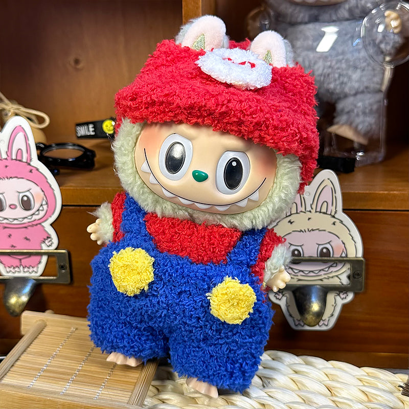 Labubu Doll Outfit | Plush Mario-Inspired Set – Red Tee, Blue Overalls & Cap (3-Piece Outfit) - Fits Labubu Gen 1/2/3