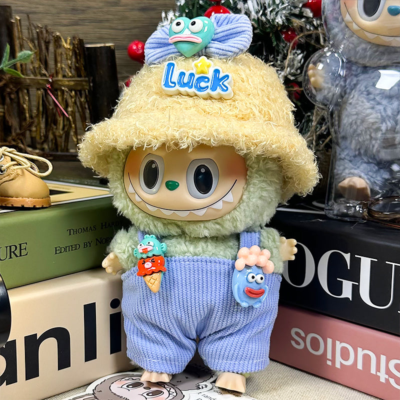 Labubu Doll Clothes | Lucky Monster|Three-Piece Set – Monster Bow, Corduroy Overalls & Fuzzy Luck Hat – Cute Doll Clothes – Fits Labubu Gen 1/2/3