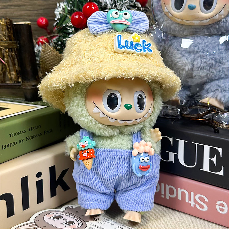 Labubu Doll Clothes | Lucky Monster|Three-Piece Set – Monster Bow, Corduroy Overalls & Fuzzy Luck Hat – Cute Doll Clothes – Fits Labubu Gen 1/2/3