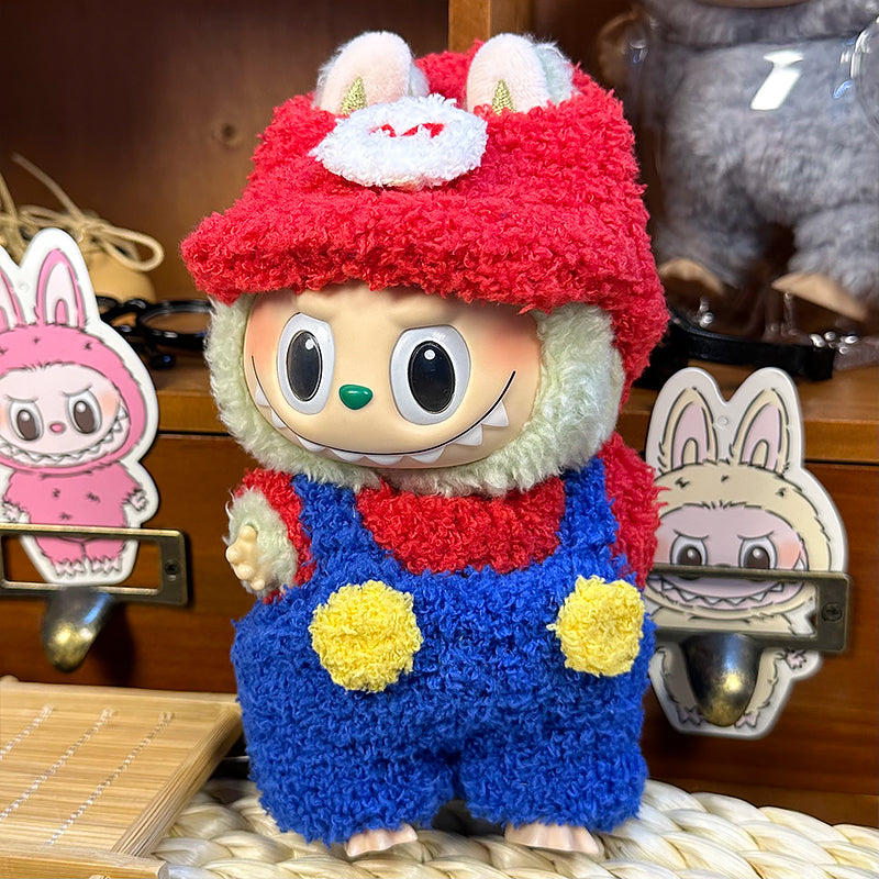 Labubu Doll Outfit | Plush Mario-Inspired Set – Red Tee, Blue Overalls & Cap (3-Piece Outfit) - Fits Labubu Gen 1/2/3
