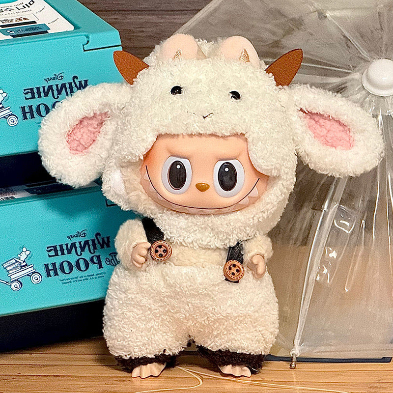 Labubu Doll Outfit 6.7'' | Fluffy Goat One-Piece Costume with Ears, Horns & Pocket – Cute Animal Clothes – Fits Labubu Gen 1/2/3
