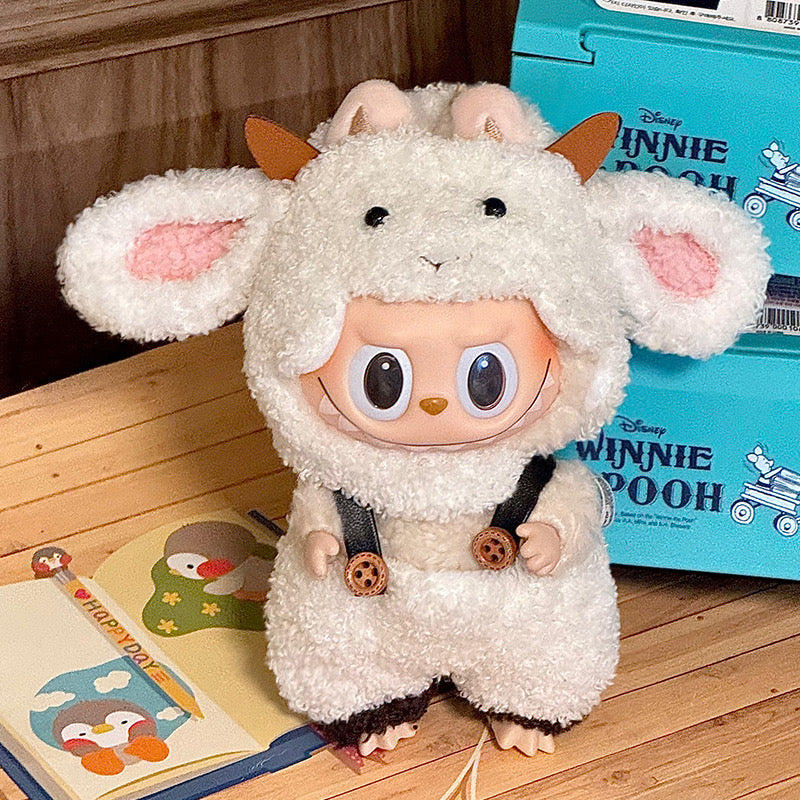 Labubu Doll Outfit 6.7'' | Fluffy Goat One-Piece Costume with Ears, Horns & Pocket – Cute Animal Clothes – Fits Labubu Gen 1/2/3