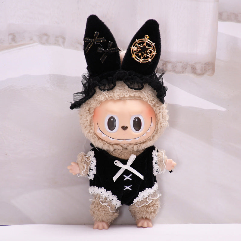 Limited Labubu Oufit Gothic Lolita Bunny β Black Lace Dress with Bow & Star Charm Hat | Handmade Doll Clothes for Gen 1/2/3 - 6.7''/17cm