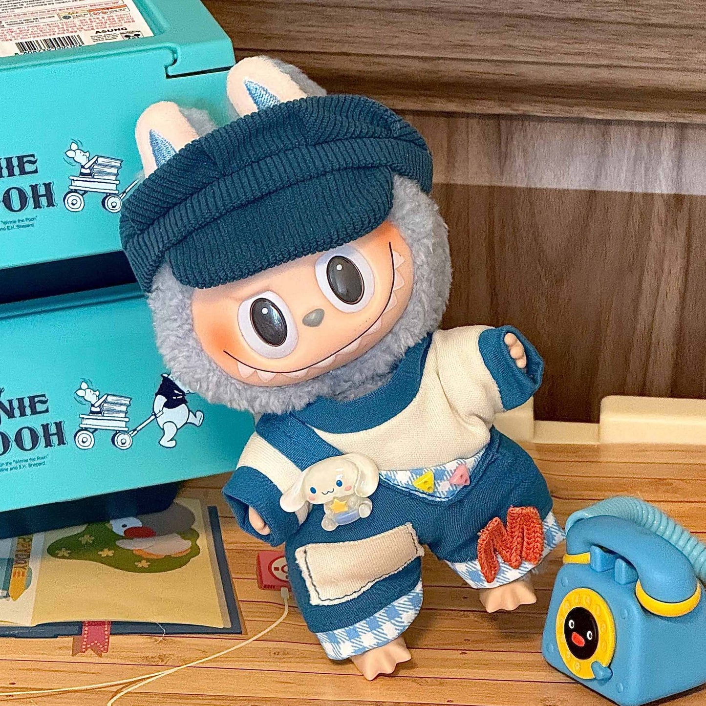 Labubu Doll Outfit 6.7'' | Adorable Blue & Beige T-Shirt, Letter Overalls with Cinnamon Dog & Geometric Accessories β Fits Labubu Gen 1/2/3