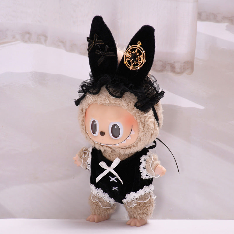 Limited Labubu Oufit Gothic Lolita Bunny β Black Lace Dress with Bow & Star Charm Hat | Handmade Doll Clothes for Gen 1/2/3 - 6.7''/17cm