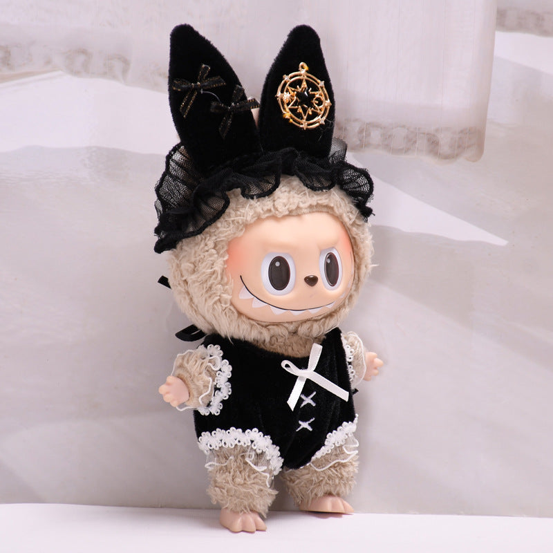 Limited Labubu Oufit Gothic Lolita Bunny β Black Lace Dress with Bow & Star Charm Hat | Handmade Doll Clothes for Gen 1/2/3 - 6.7''/17cm