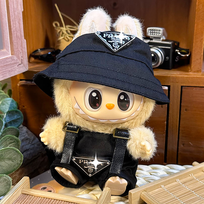 Labubu Doll Outfit 6.7'' | Prada Logo Black Overalls & Black Canvas Hat Set β Stylish Designer Clothes β Fits Labubu Gen 1/2/3