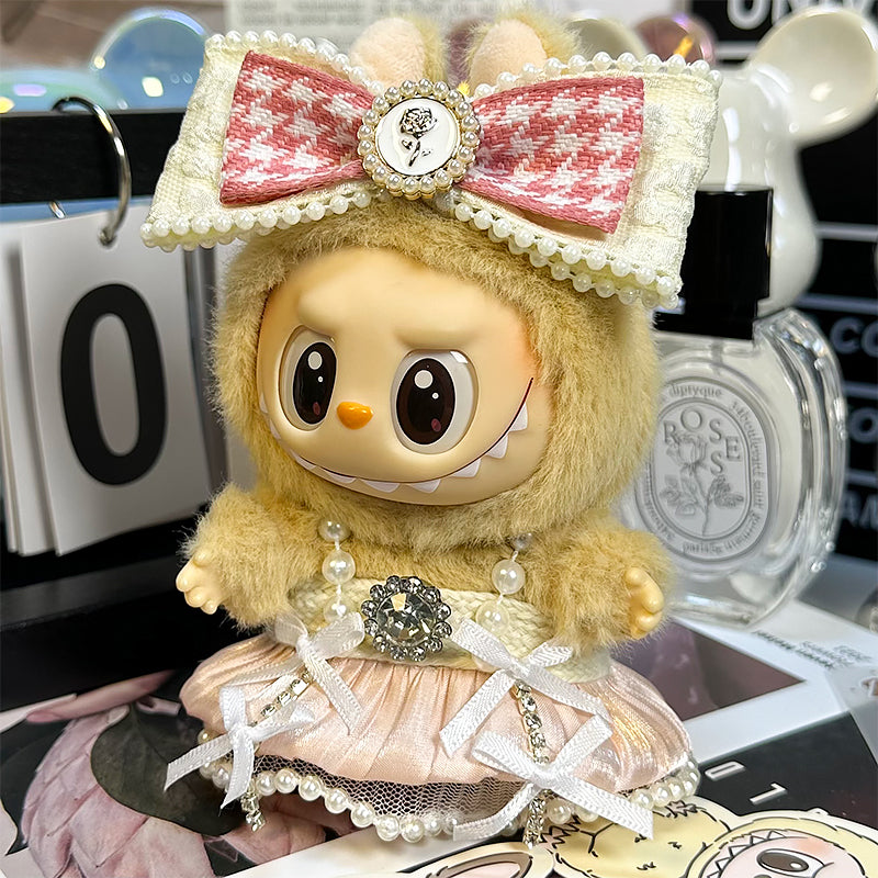 Labubu Doll Outfit 6.7'' | 2 Pieces Paris Pleated Dress with Pearl Straps Rhinestone Bow + Pink & White Plaid Headpiece β Fits Labubu Gen 1/2/3