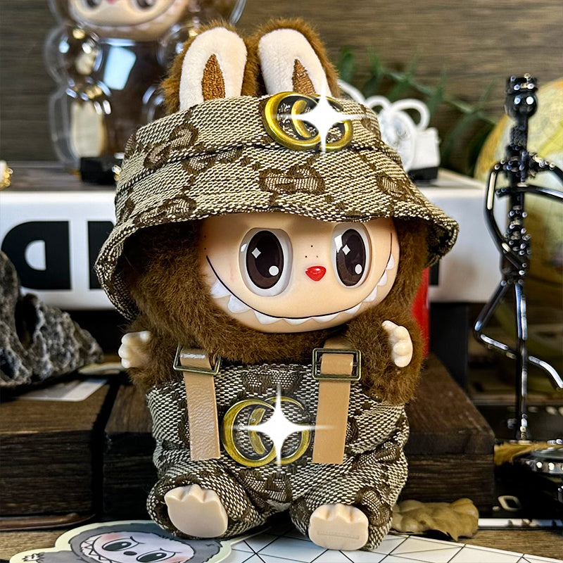 Labubu Doll Outfit 6.7'' | Gucci Logo Overalls & Hat Set β Stylish Plush Clothes β Fits Labubu Gen 1/2/3