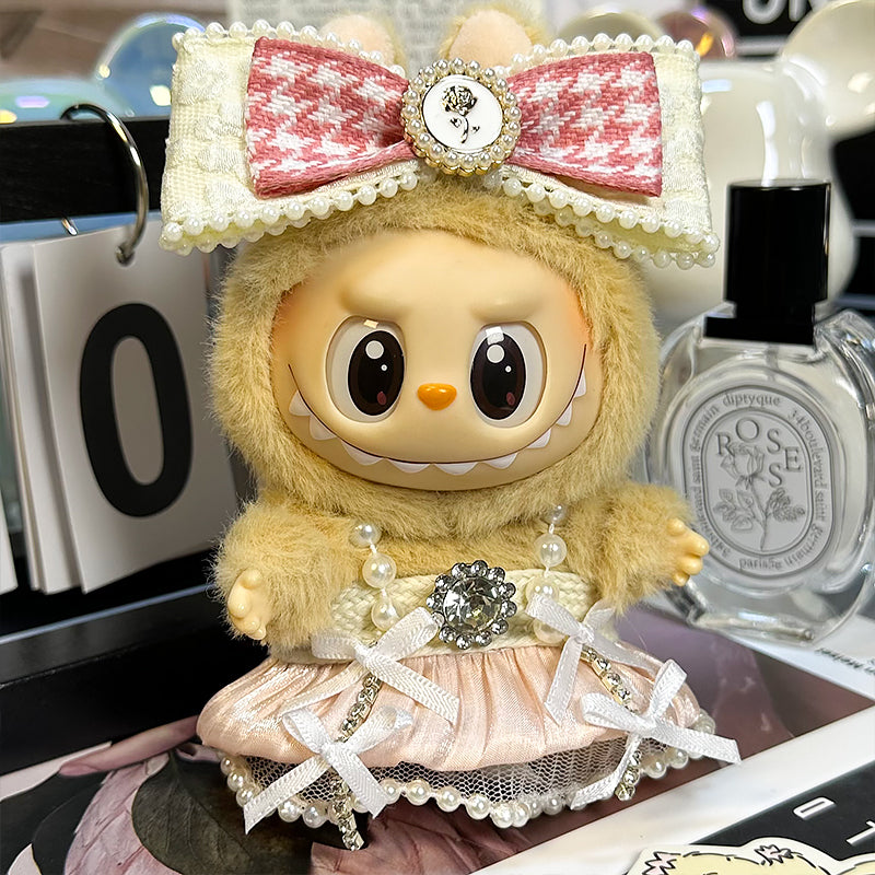 Labubu Doll Outfit 6.7'' | 2 Pieces Paris Pleated Dress with Pearl Straps Rhinestone Bow + Pink & White Plaid Headpiece β Fits Labubu Gen 1/2/3
