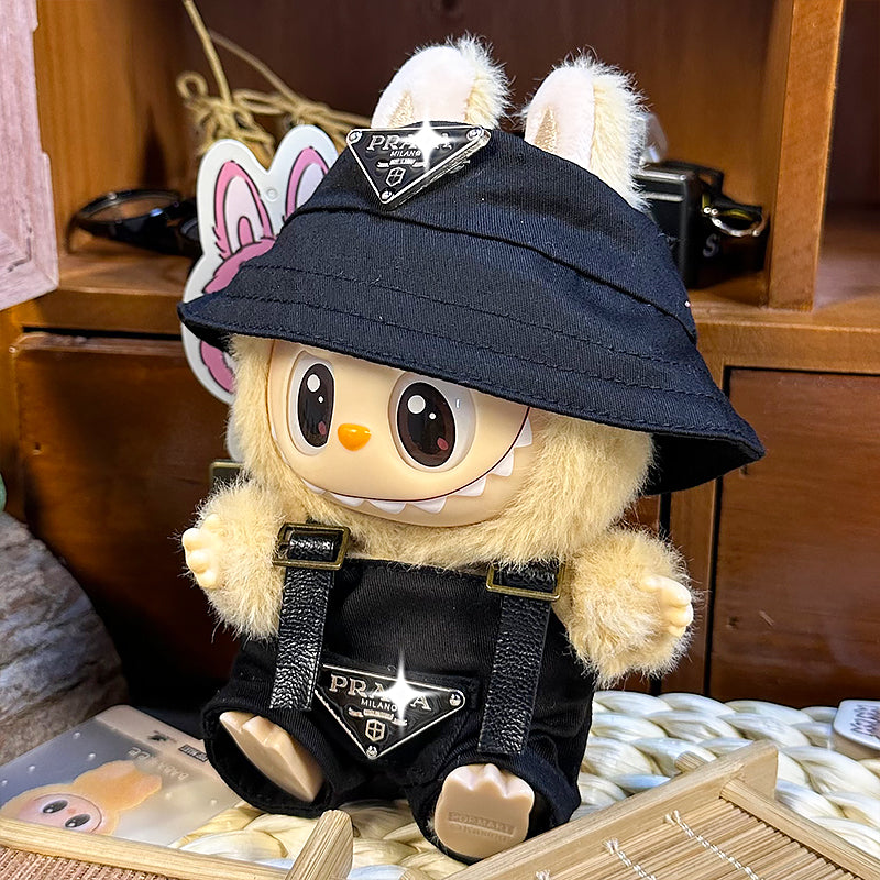 Labubu Doll Outfit 6.7'' | Prada Logo Black Overalls & Black Canvas Hat Set β Stylish Designer Clothes β Fits Labubu Gen 1/2/3