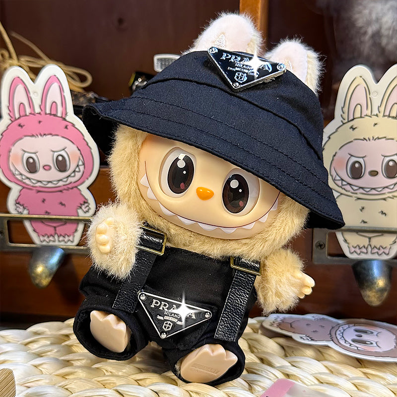 Labubu Doll Outfit 6.7'' | Prada Logo Black Overalls & Black Canvas Hat Set β Stylish Designer Clothes β Fits Labubu Gen 1/2/3