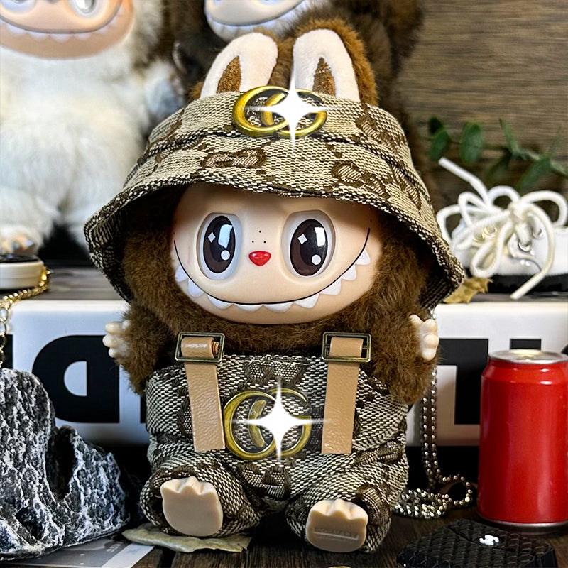 Labubu Doll Outfit 6.7'' | Gucci Logo Overalls & Hat Set β Stylish Plush Clothes β Fits Labubu Gen 1/2/3