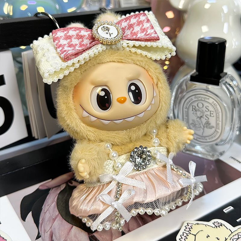 Labubu Doll Outfit 6.7'' | 2 Pieces Paris Pleated Dress with Pearl Straps Rhinestone Bow + Pink & White Plaid Headpiece β Fits Labubu Gen 1/2/3