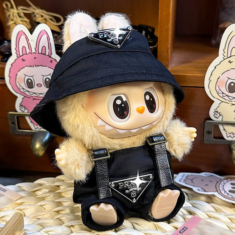 Labubu Doll Outfit 6.7'' | Prada Logo Black Overalls & Black Canvas Hat Set β Stylish Designer Clothes β Fits Labubu Gen 1/2/3