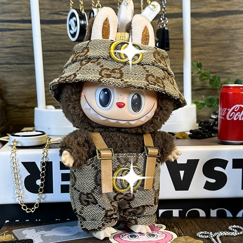 Labubu Doll Outfit 6.7'' | Gucci Logo Overalls & Hat Set β Stylish Plush Clothes β Fits Labubu Gen 1/2/3