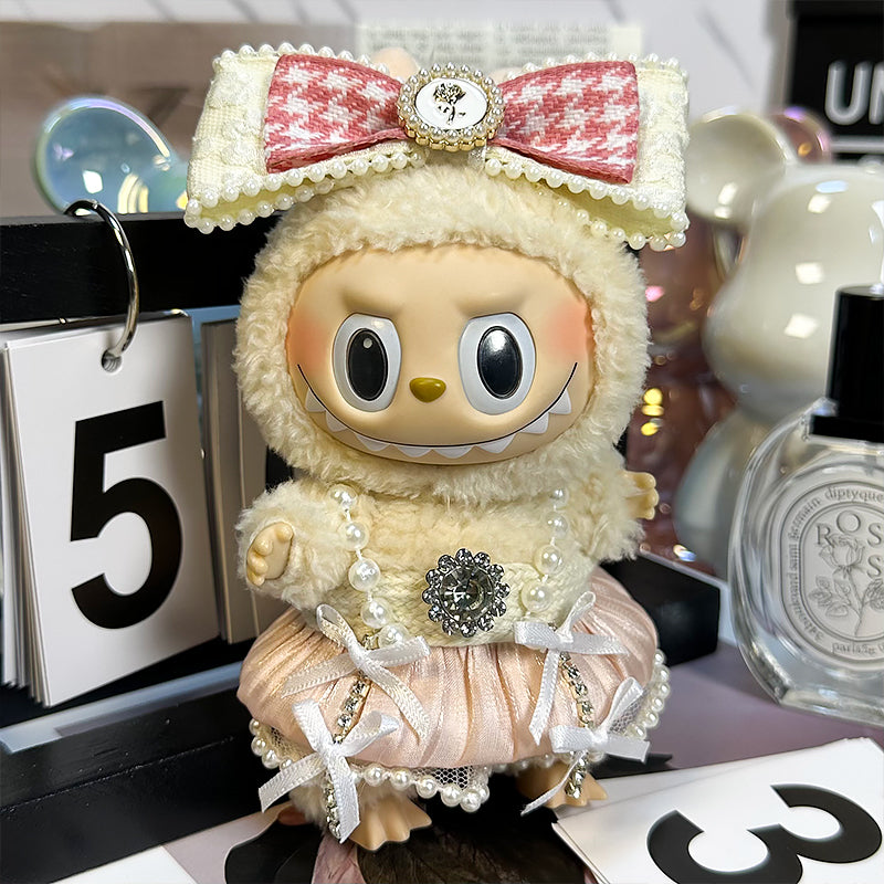 Labubu Doll Outfit 6.7'' | 2 Pieces Paris Pleated Dress with Pearl Straps Rhinestone Bow + Pink & White Plaid Headpiece β Fits Labubu Gen 1/2/3
