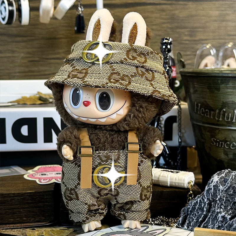 Labubu Doll Outfit 6.7'' | Gucci Logo Overalls & Hat Set β Stylish Plush Clothes β Fits Labubu Gen 1/2/3