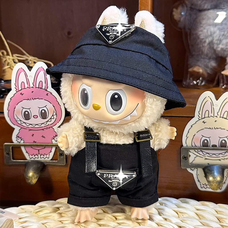 Labubu Doll Outfit 6.7'' | Prada Logo Black Overalls & Black Canvas Hat Set β Stylish Designer Clothes β Fits Labubu Gen 1/2/3