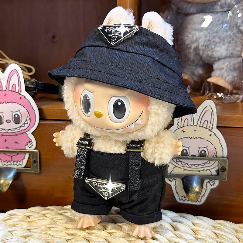 Labubu Doll Outfit 6.7'' | Prada Logo Black Overalls & Black Canvas Hat Set β Stylish Designer Clothes β Fits Labubu Gen 1/2/3