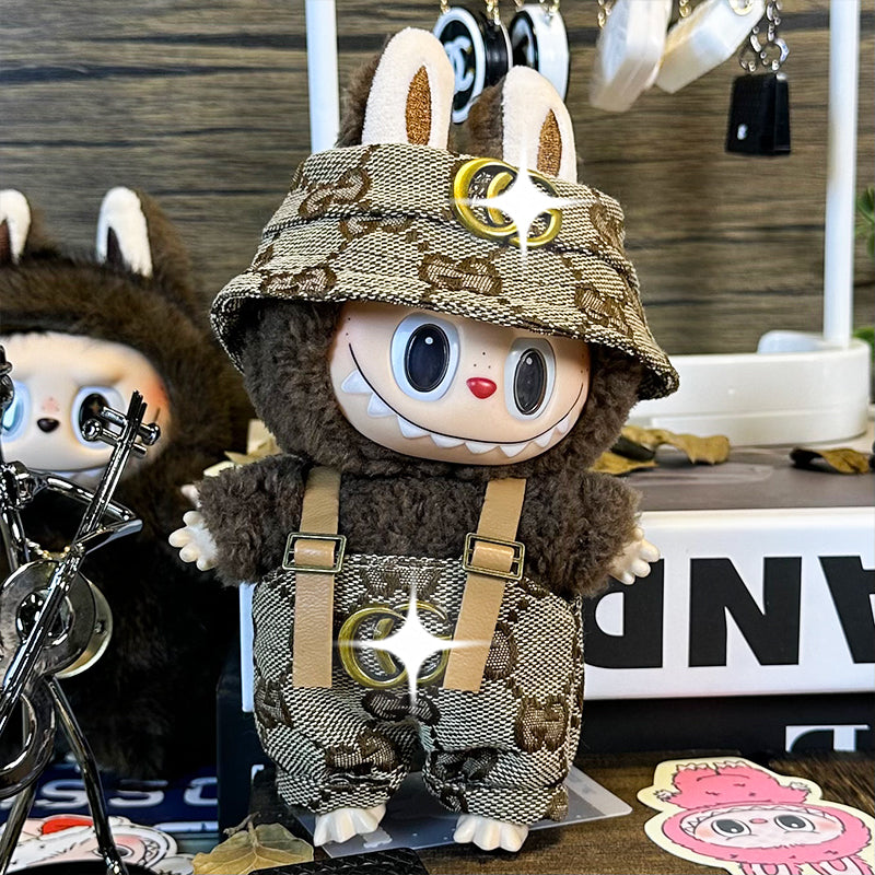 Labubu Doll Outfit 6.7'' | Gucci Logo Overalls & Hat Set β Stylish Plush Clothes β Fits Labubu Gen 1/2/3