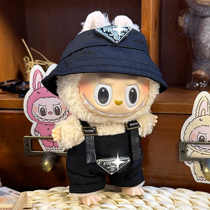 Labubu Doll Outfit 6.7'' | Prada Logo Black Overalls & Black Canvas Hat Set β Stylish Designer Clothes β Fits Labubu Gen 1/2/3