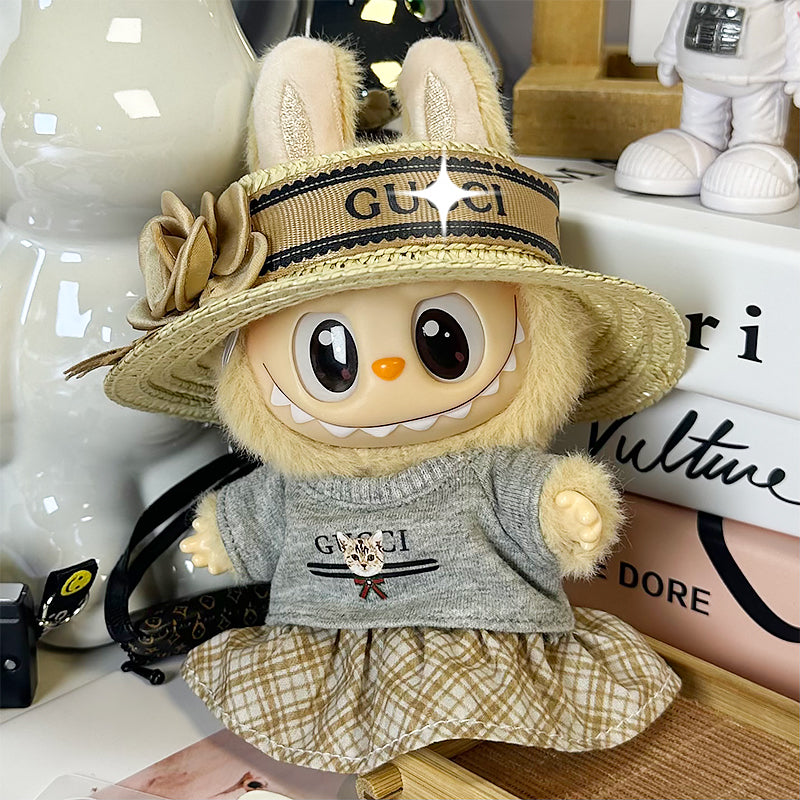 Labubu Doll Outfit 6.7'' | Luxury Gucci-Inspired Summer Set: Flower Straw Hat, Gray Cat T-Shirt & Plaid Skirt – Fits Labubu Gen 1/2/3