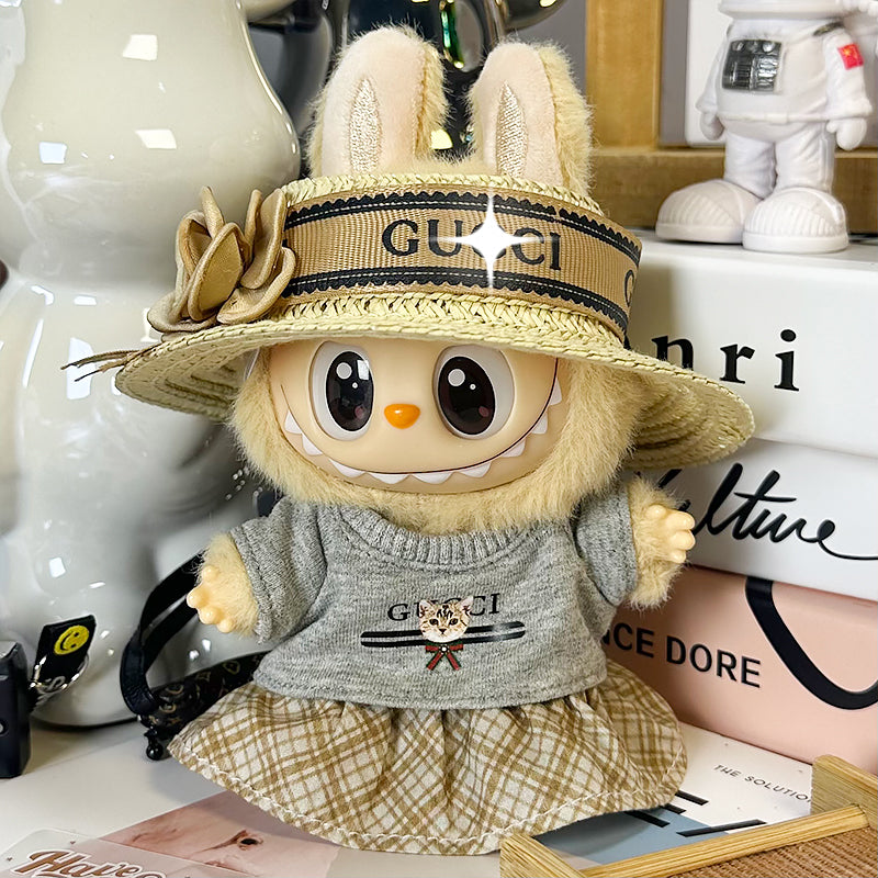 Labubu Doll Outfit 6.7'' | Luxury Gucci-Inspired Summer Set: Flower Straw Hat, Gray Cat T-Shirt & Plaid Skirt – Fits Labubu Gen 1/2/3