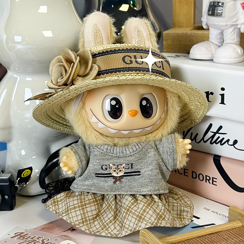 Labubu Doll Outfit 6.7'' | Luxury Gucci-Inspired Summer Set: Flower Straw Hat, Gray Cat T-Shirt & Plaid Skirt – Fits Labubu Gen 1/2/3