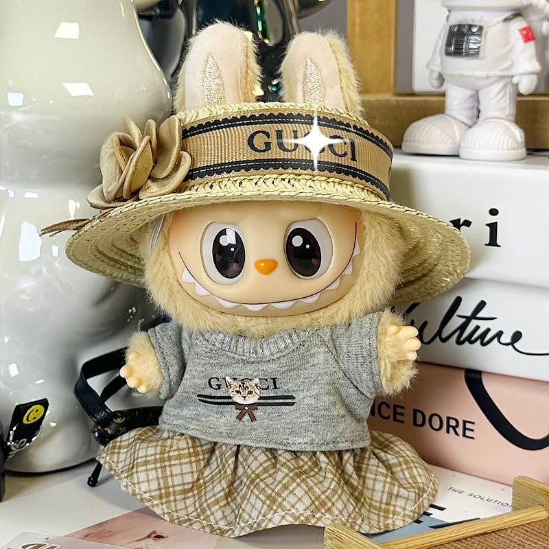 Labubu Doll Outfit 6.7'' | Luxury Gucci-Inspired Summer Set: Flower Straw Hat, Gray Cat T-Shirt & Plaid Skirt – Fits Labubu Gen 1/2/3