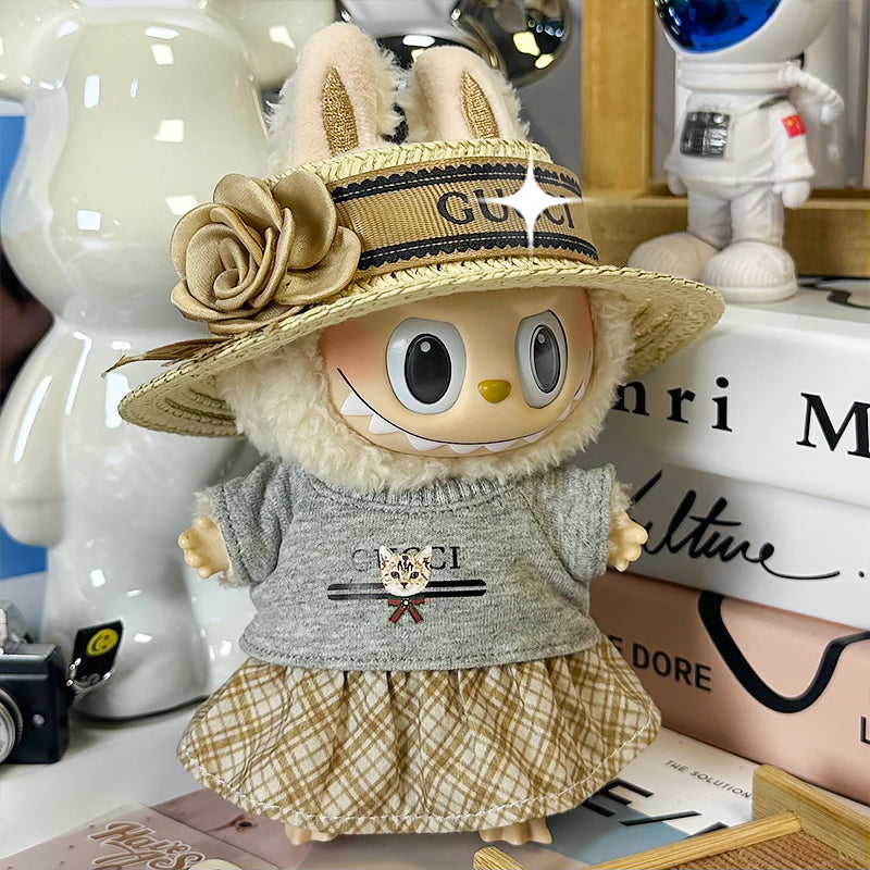 Labubu Doll Outfit 6.7'' | Luxury Gucci-Inspired Summer Set: Flower Straw Hat, Gray Cat T-Shirt & Plaid Skirt – Fits Labubu Gen 1/2/3