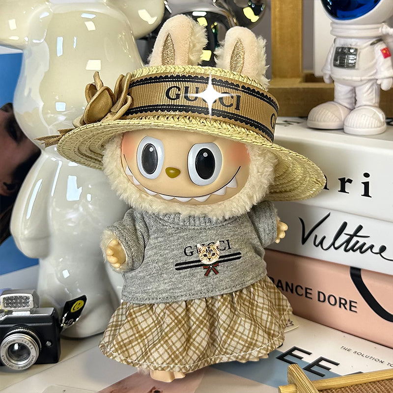 Labubu Doll Outfit 6.7'' | Luxury Gucci-Inspired Summer Set: Flower Straw Hat, Gray Cat T-Shirt & Plaid Skirt – Fits Labubu Gen 1/2/3