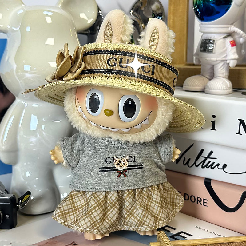 Labubu Doll Outfit 6.7'' | Luxury Gucci-Inspired Summer Set: Flower Straw Hat, Gray Cat T-Shirt & Plaid Skirt – Fits Labubu Gen 1/2/3