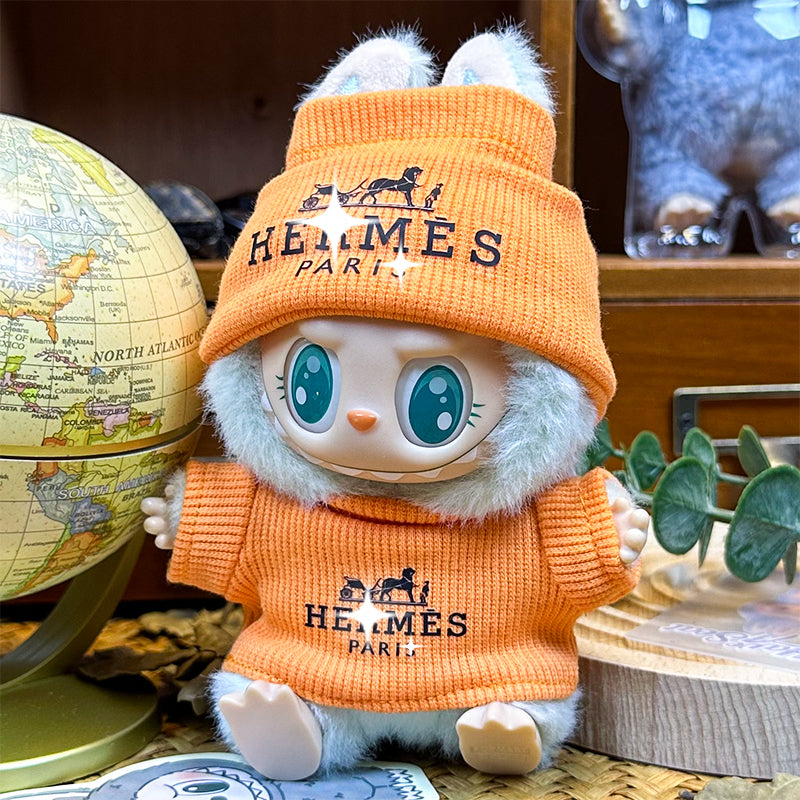 Labubu Doll Outfit 6.7'' | Hermès Orange Knit Sweater & Knit Hat Set – Luxurious Designer Clothes – Fits Labubu Gen 1/2/3