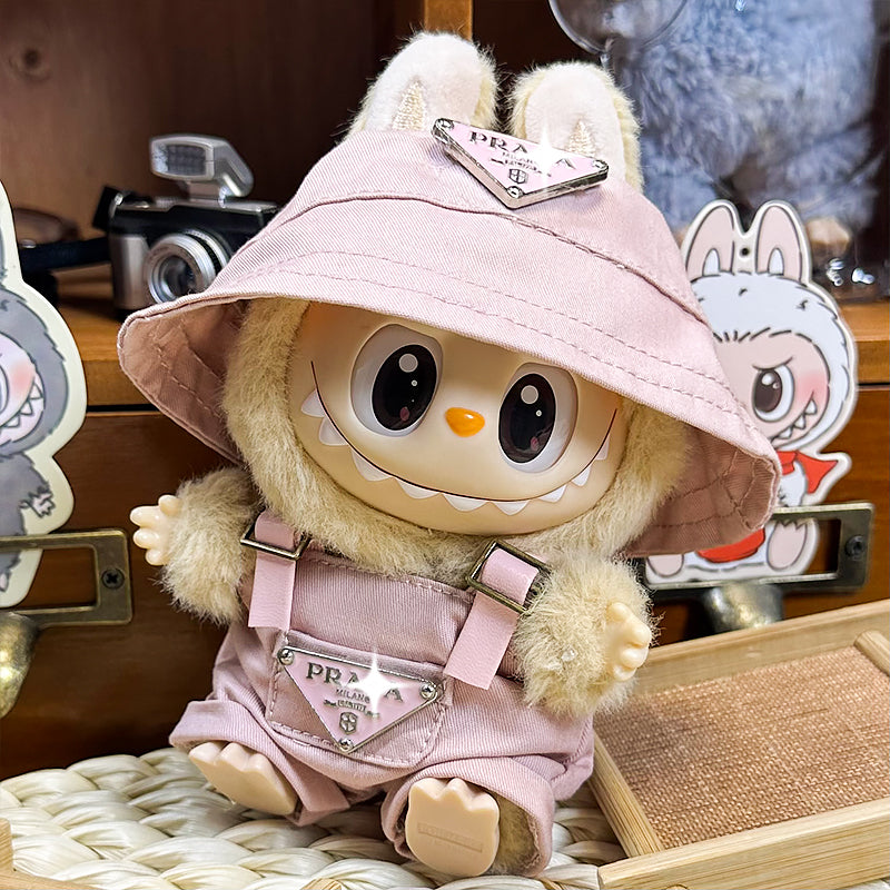 Labubu Doll Outfit 6.7'' | Prada Logo Black Overalls & Pink Canvas Hat Set β Stylish Designer Clothes β Fits Labubu Gen 1/2/3