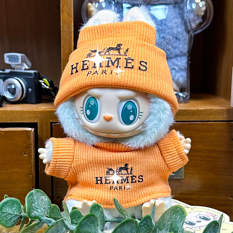 Labubu Doll Outfit 6.7'' | Hermès Orange Knit Sweater & Knit Hat Set – Luxurious Designer Clothes – Fits Labubu Gen 1/2/3