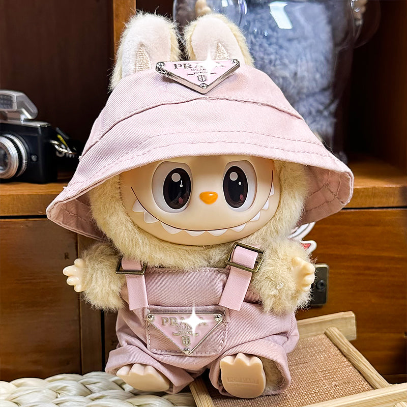 Labubu Doll Outfit 6.7'' | Prada Logo Black Overalls & Pink Canvas Hat Set β Stylish Designer Clothes β Fits Labubu Gen 1/2/3